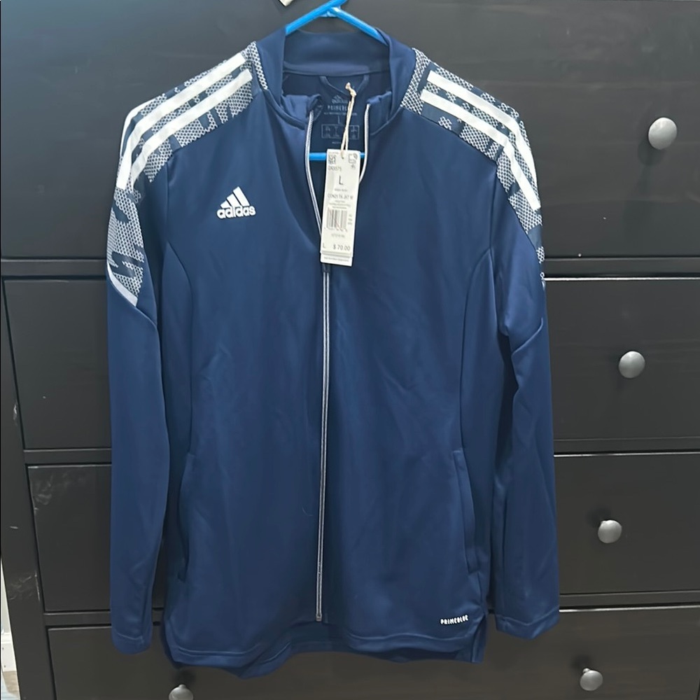 Adidas Blue and White Windbreaker with Three-Stripe Design